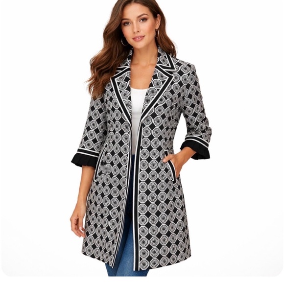 T Tahari Jackets & Blazers - T Tahari calypso sweater jacket embroidered black white purple Geometric medium